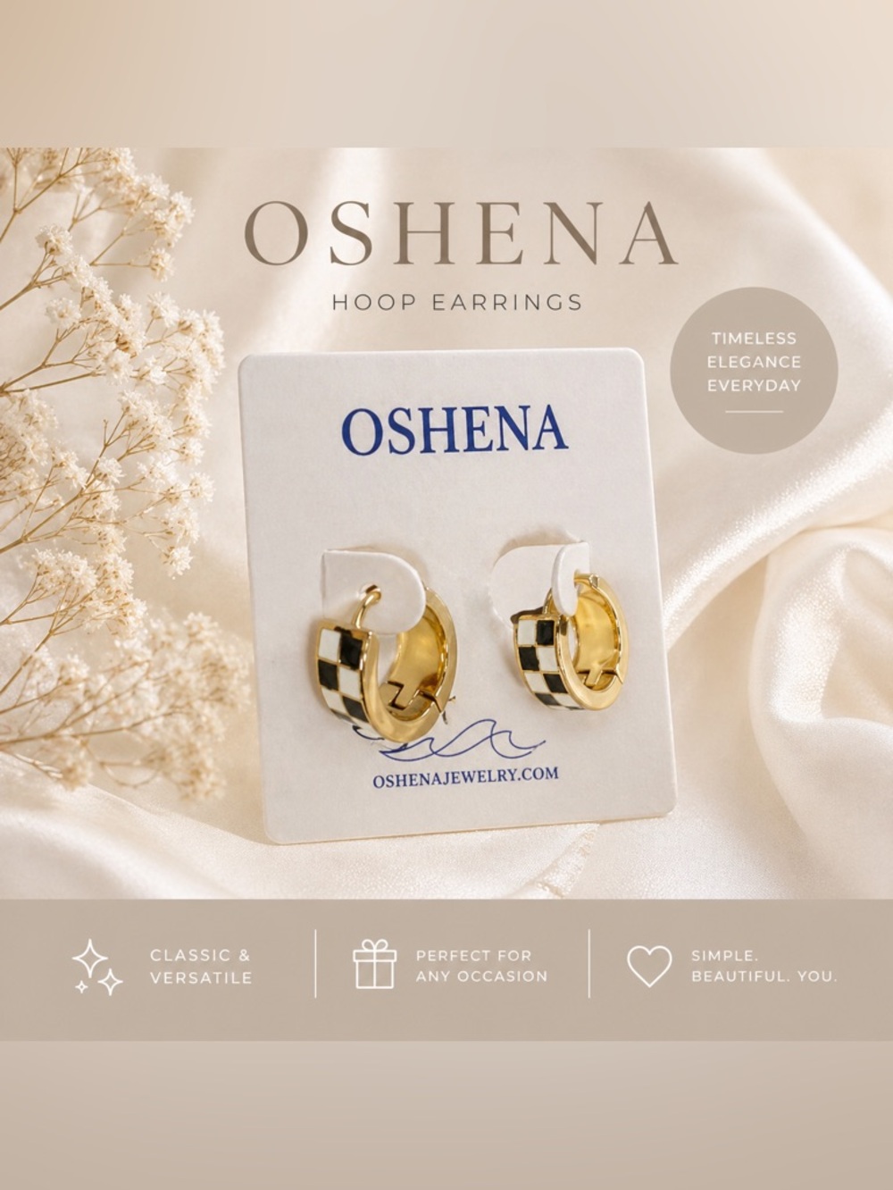 Oshena Black & White Checkered Gold Hoop Earrings